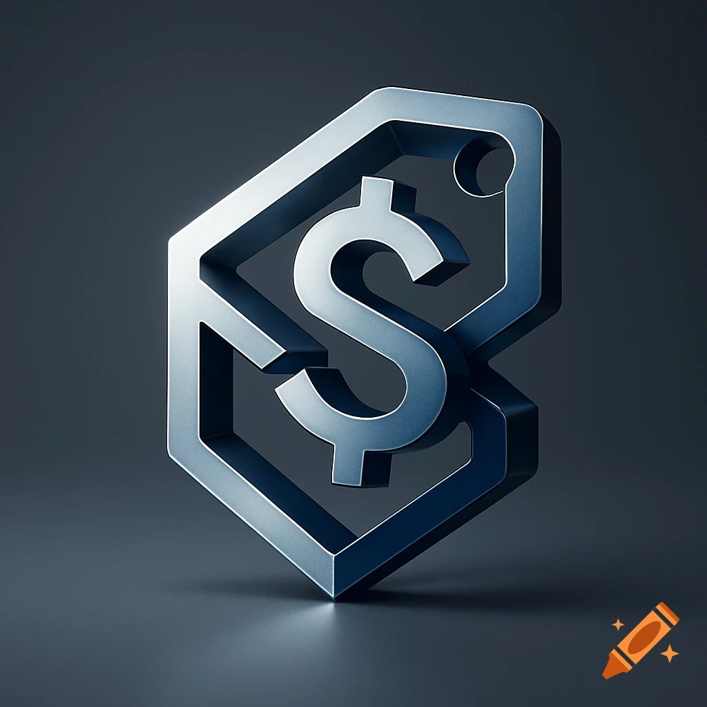 A metallic 3D dollar sign emblem encased in a stylized hexagonal price tag on a dark gray background.