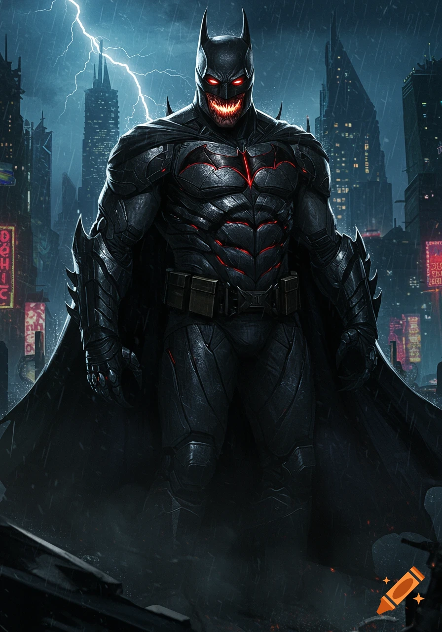 Demonic Batman with glowing red eyes and jagged mouth stands in a dark, rain-soaked Gotham city with lightning.