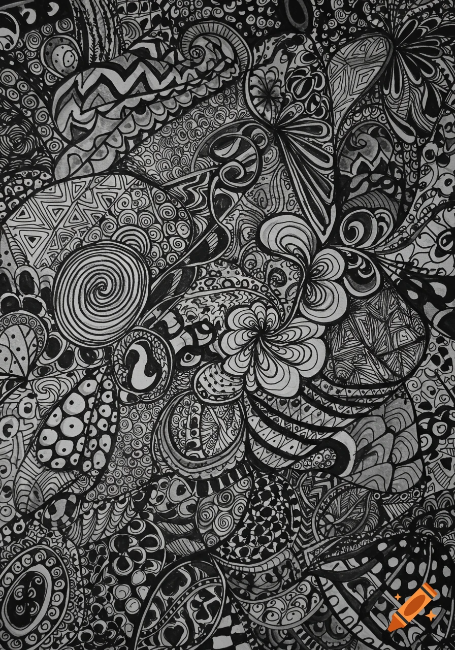 A detailed black and white Zentangle drawing featuring intricate patterns, swirling lines, and abstract shapes filling the frame.