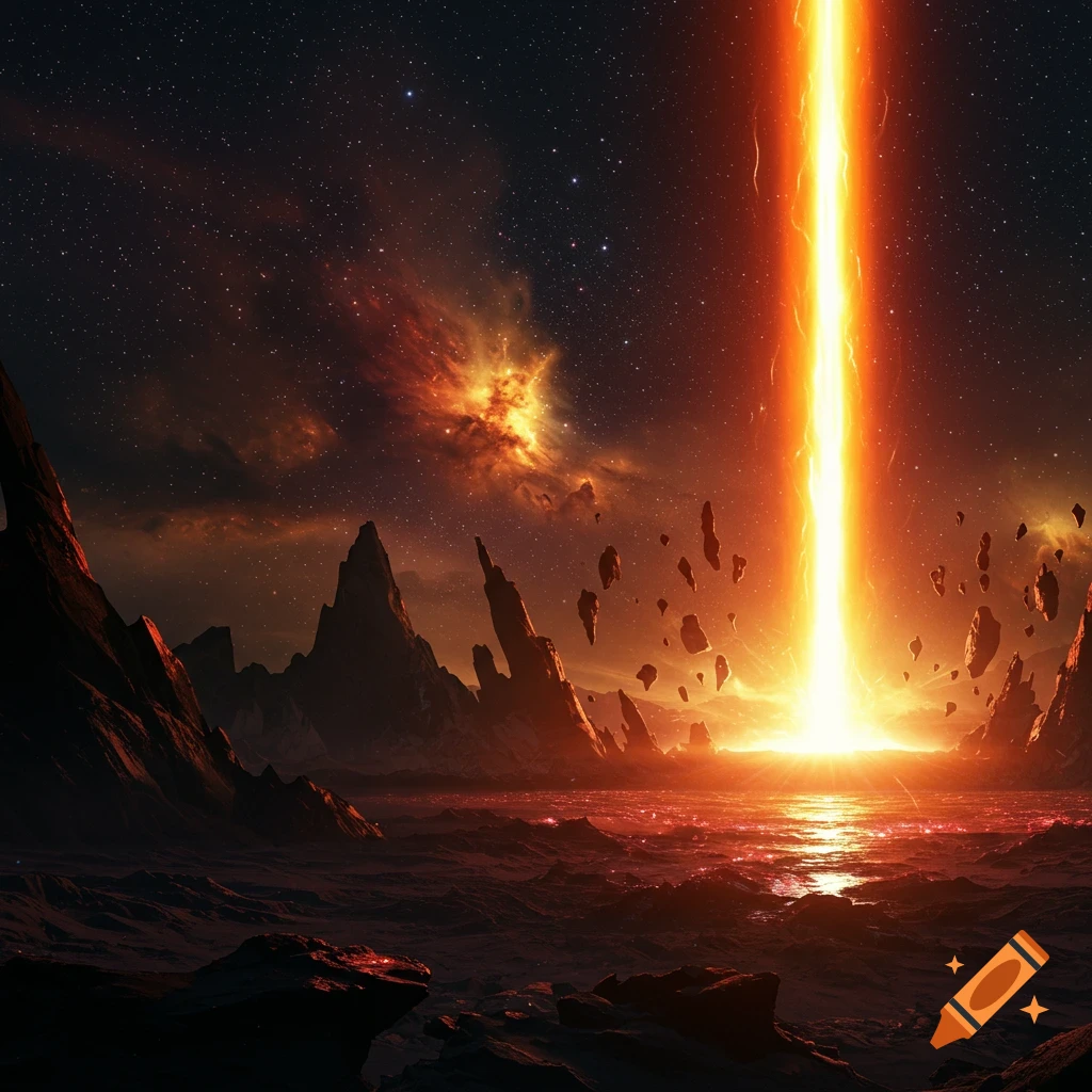 An orange beam of light shoots into a star-filled dark sky above a rocky, volcanic-like landscape with floating debris.