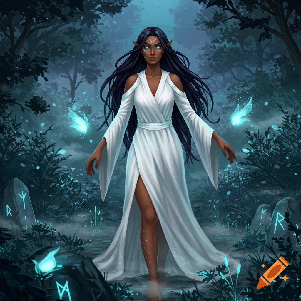 Digital art of a dark-skinned elf mystic in a white dress, standing barefoot in a glowing, misty fantasy forest.