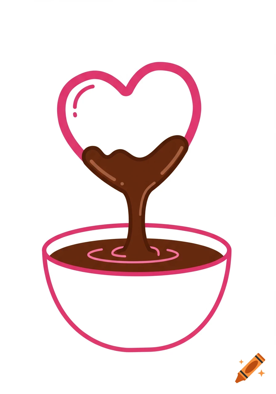 Cartoon illustration of melted chocolate pouring from a pink outlined heart into a pink outlined bowl.