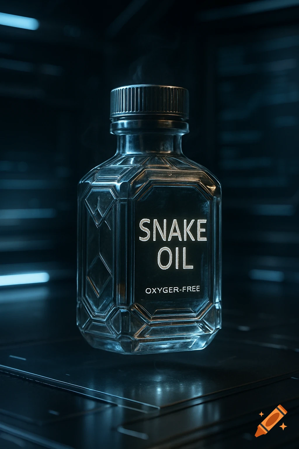 A sleek, photorealistic, high-tech glass bottle labeled 'SNAKE OIL OXYGER-FREE' on a dark, reflective surface with blue accents.
