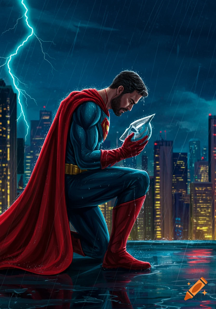 Superman kneels on a rainy city rooftop during a lightning storm, holding his mask reflectively.