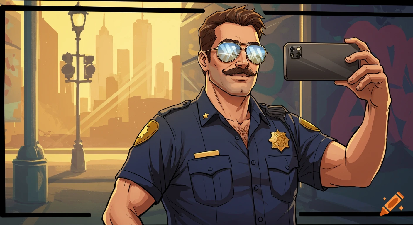 A comic book style illustration of a police officer with a mustache and mirrored sunglasses taking a selfie in a city setting.