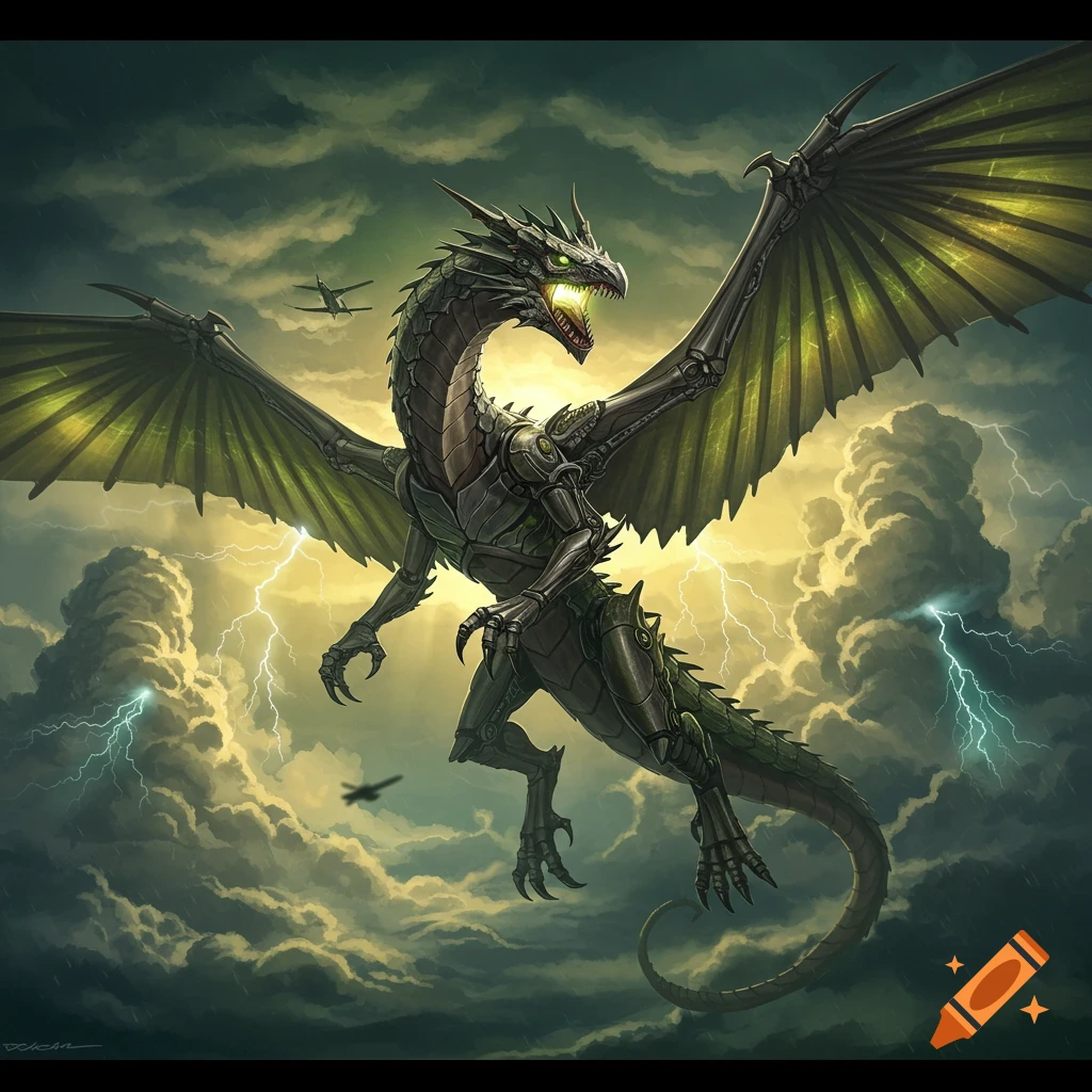 A majestic mechanical dragon with green glowing wings flies through a stormy sky with lightning and dark clouds. Two small airplanes are visible in the distance.