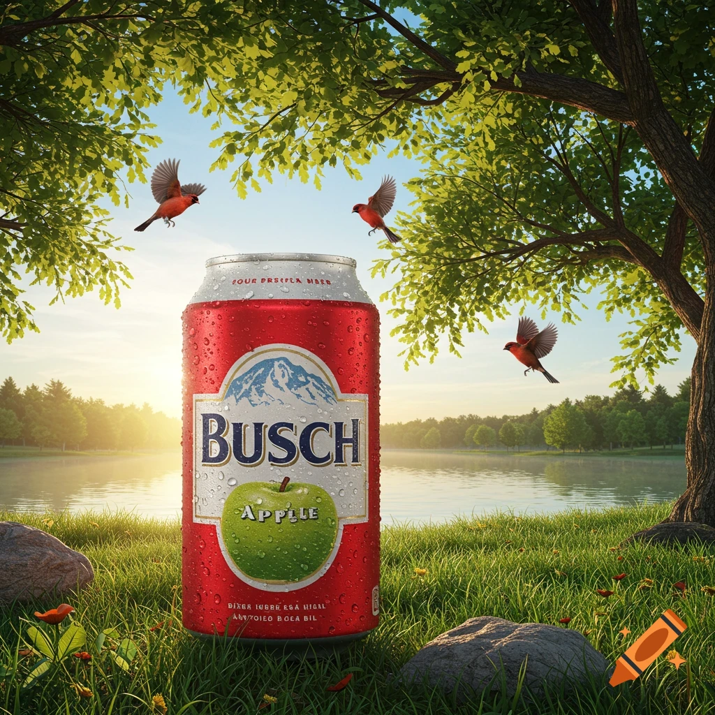 Photorealistic red Busch Apple can covered in condensation, set in a sunny natural landscape with a lake, trees, and flying birds.