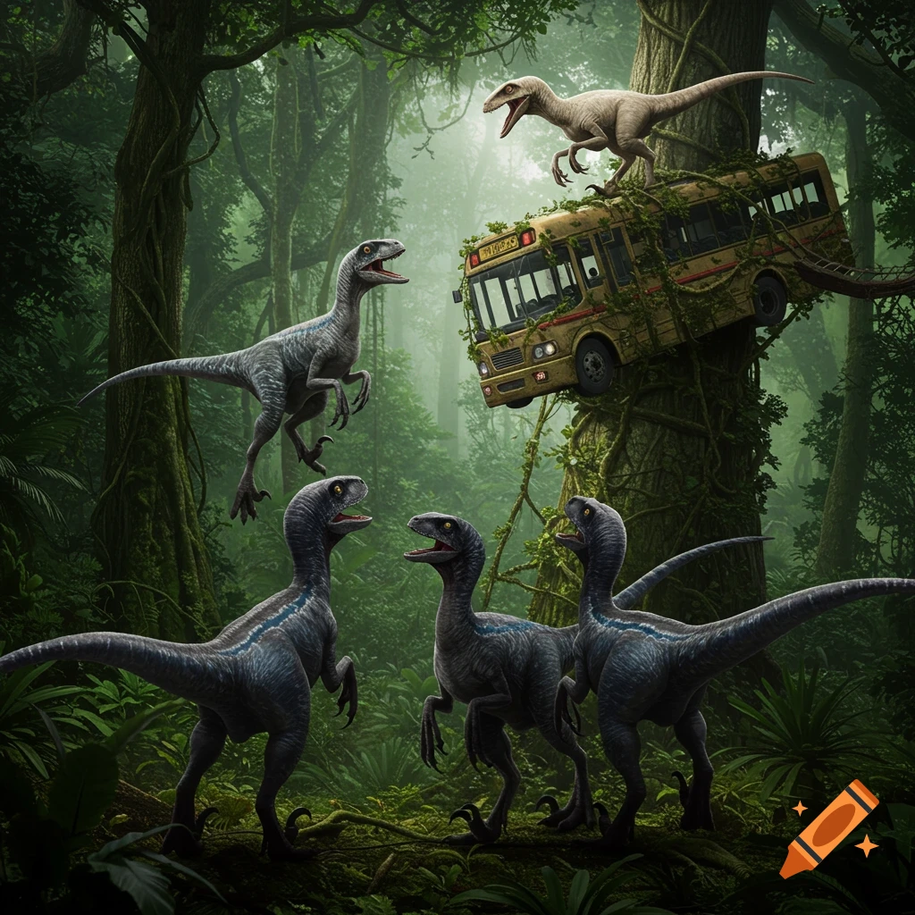 A group of raptors, some grey and some blue-grey, look up at an abandoned, vine-covered yellow school bus suspended in a dense jungle tree, photorealistic.