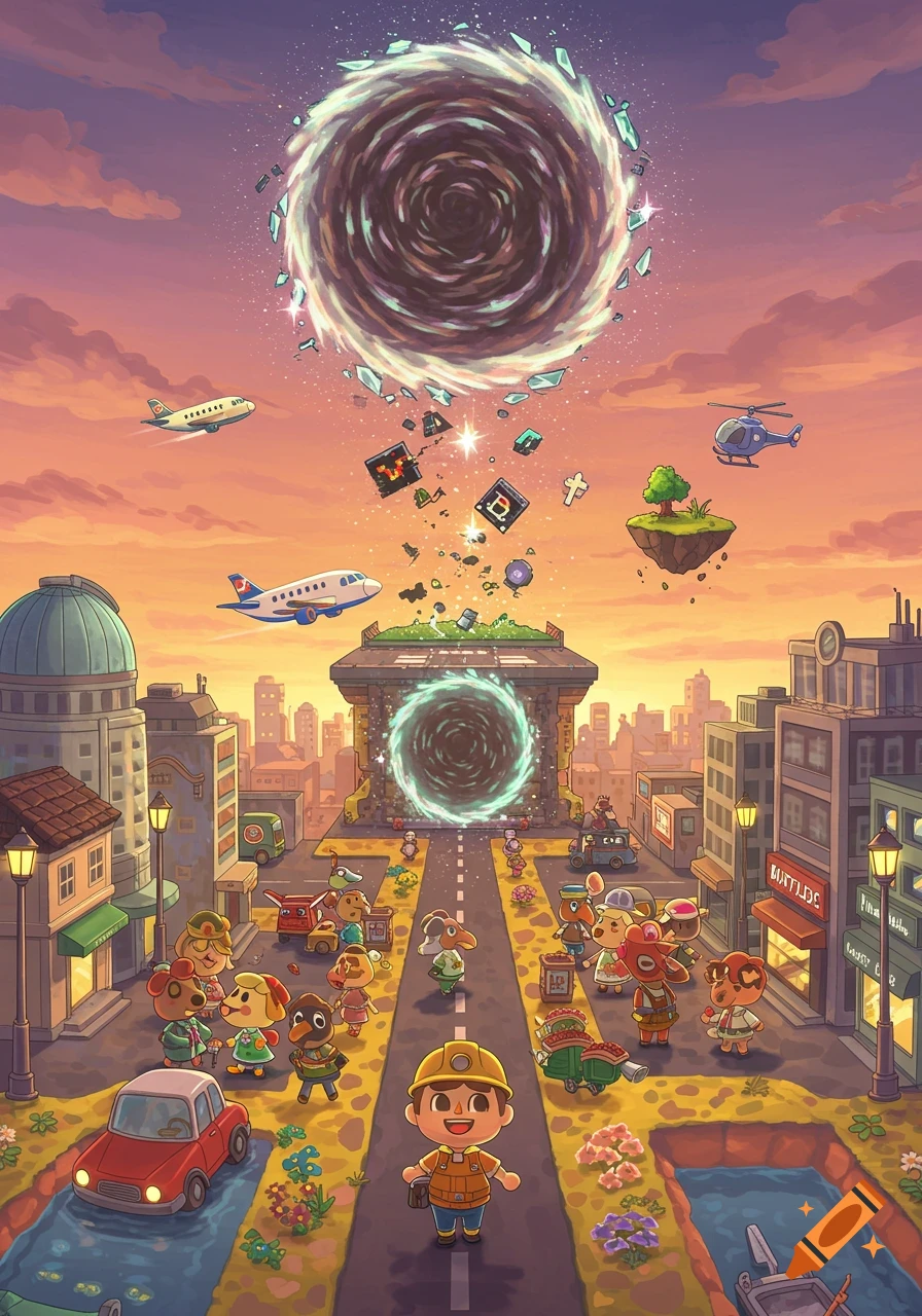 Cartoon Animal Crossing characters in a vibrant city at sunset with interdimensional portals in the sky and on the ground, and floating planes.