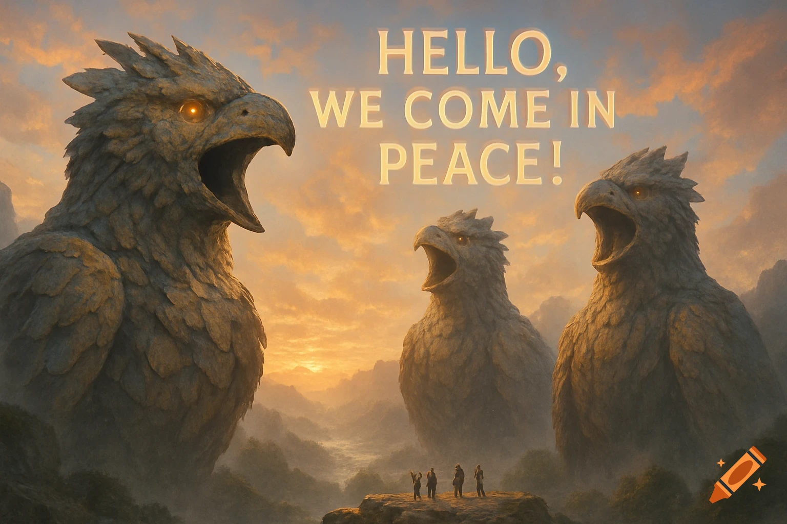 Three colossal rock bird-like creatures loom over tiny humans in a misty, mountainous landscape at sunset, with 'HELLO, WE COME IN PEACE!' text.