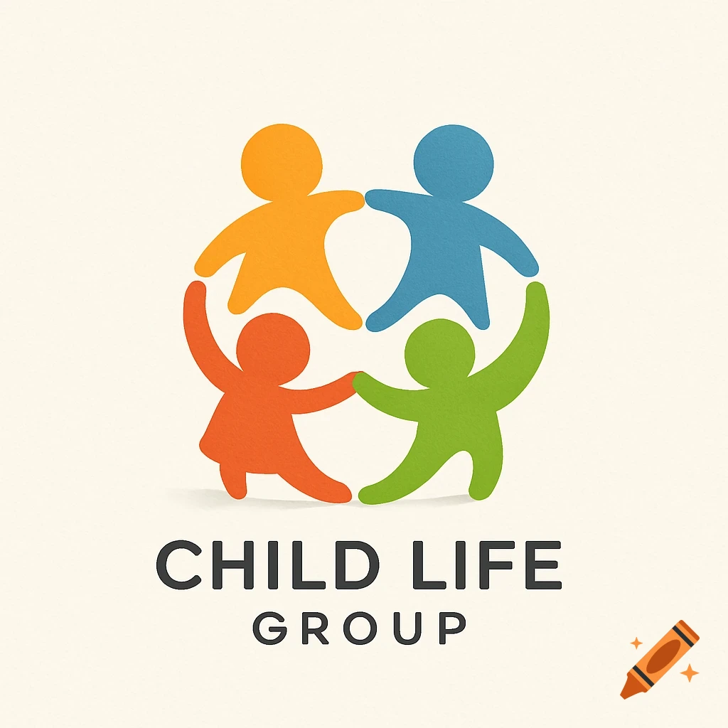 A logo featuring four colorful, stylized human figures (orange, blue, red, green) holding hands in a circle, with the text "CHILD LIFE GROUP" below.