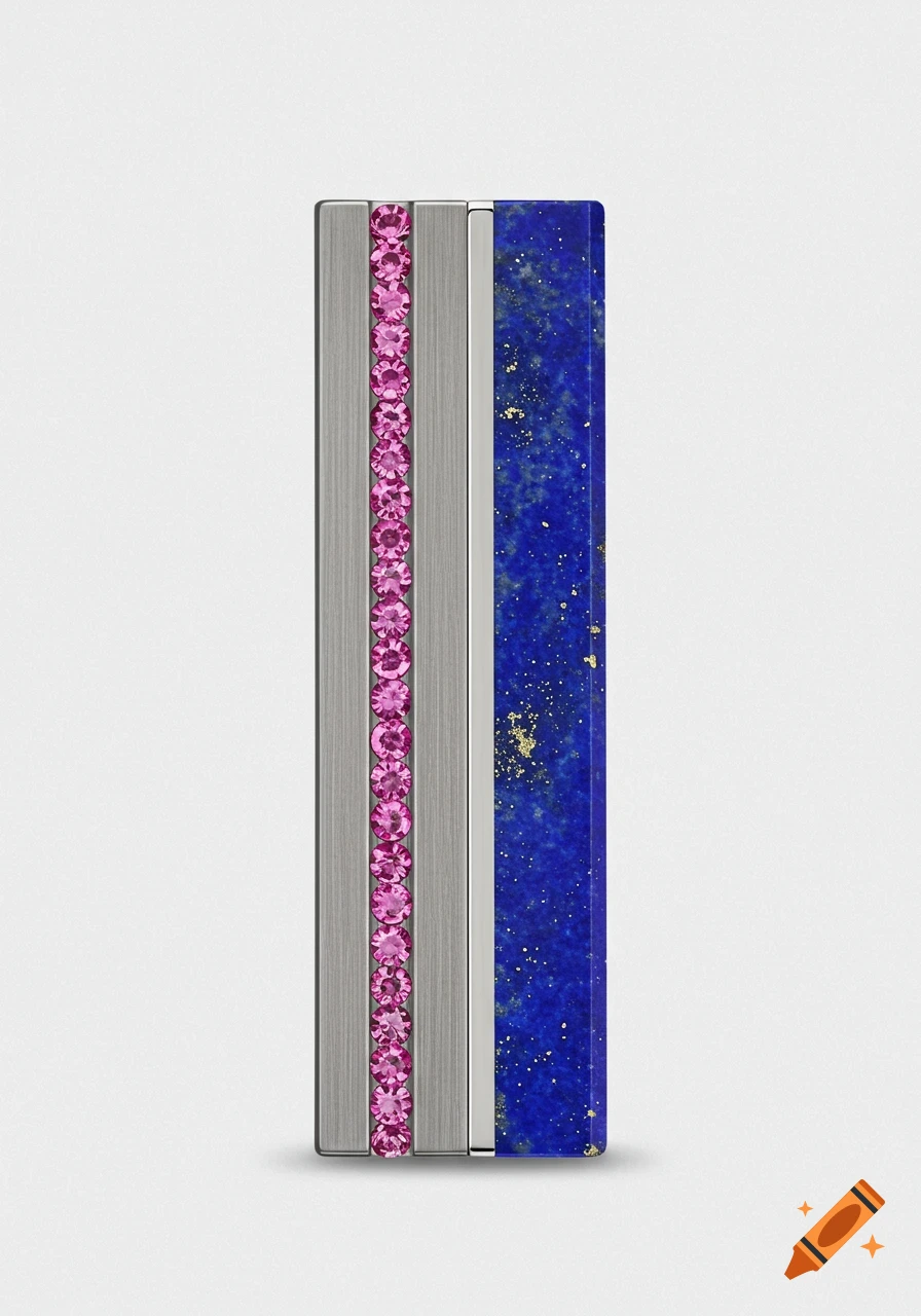 Vertical, rectangular luxury object split into brushed silver with pink sapphires and deep blue lapis lazuli with gold flecks.