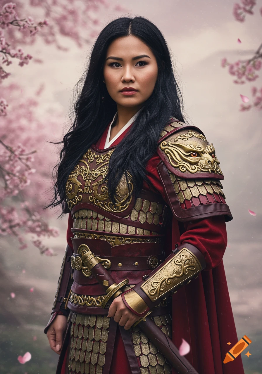 Realistic portrait of a beautiful woman in ornate red and gold Chinese warrior armor, holding a sword, amidst pink cherry blossoms.