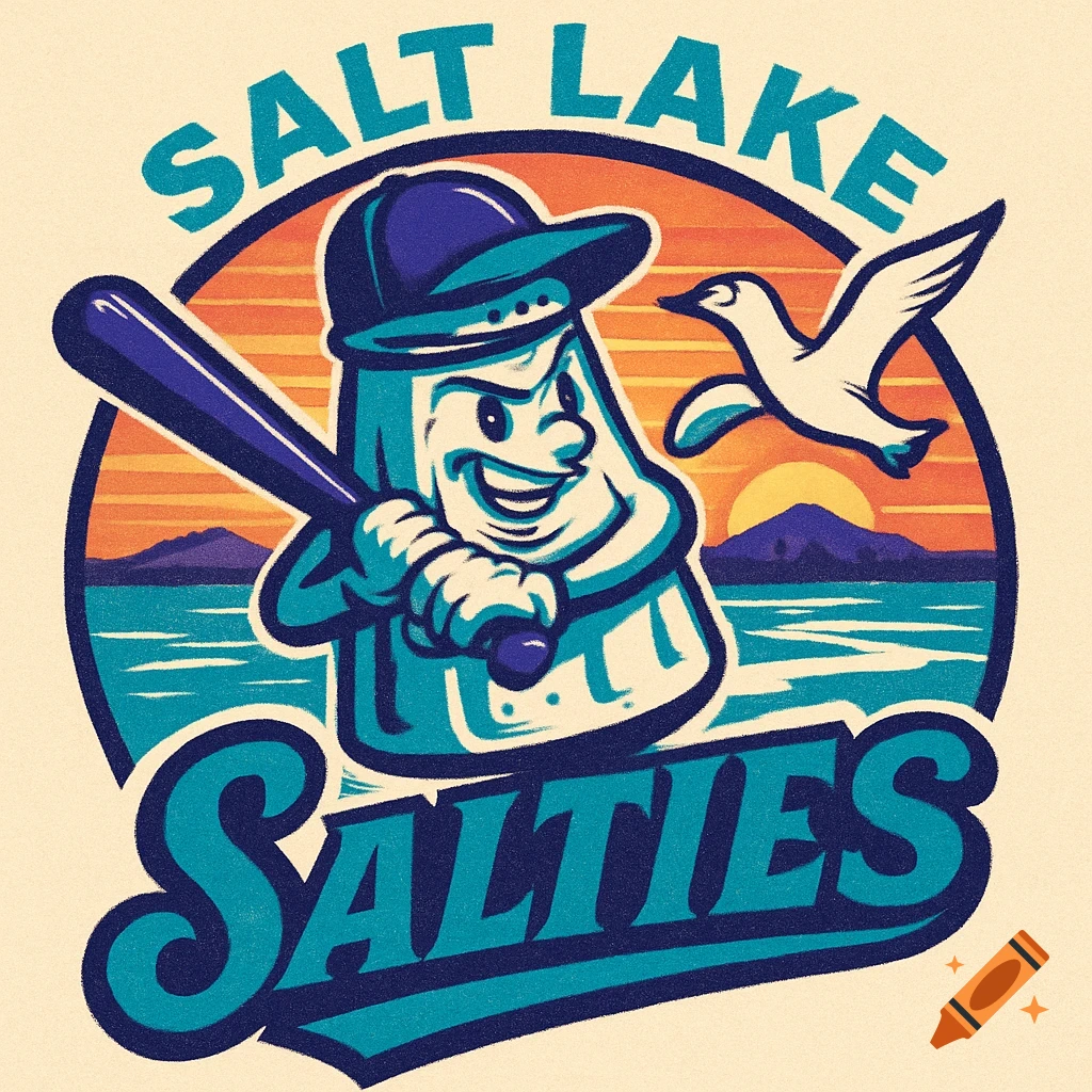 Retro baseball logo for Salt Lake Salties with a batting salt shaker mascot, a seagull, and sunset lake view.
