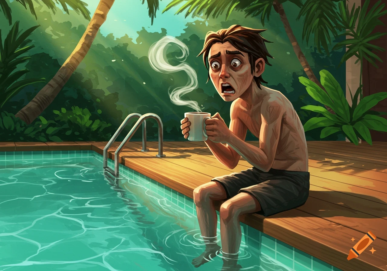 A wide-eyed, exhausted cartoon man with bed hair sits on a wooden pool deck, his bare feet dangling in the water, clutching a steaming white mug. Palm trees and lush foliage are in the background.