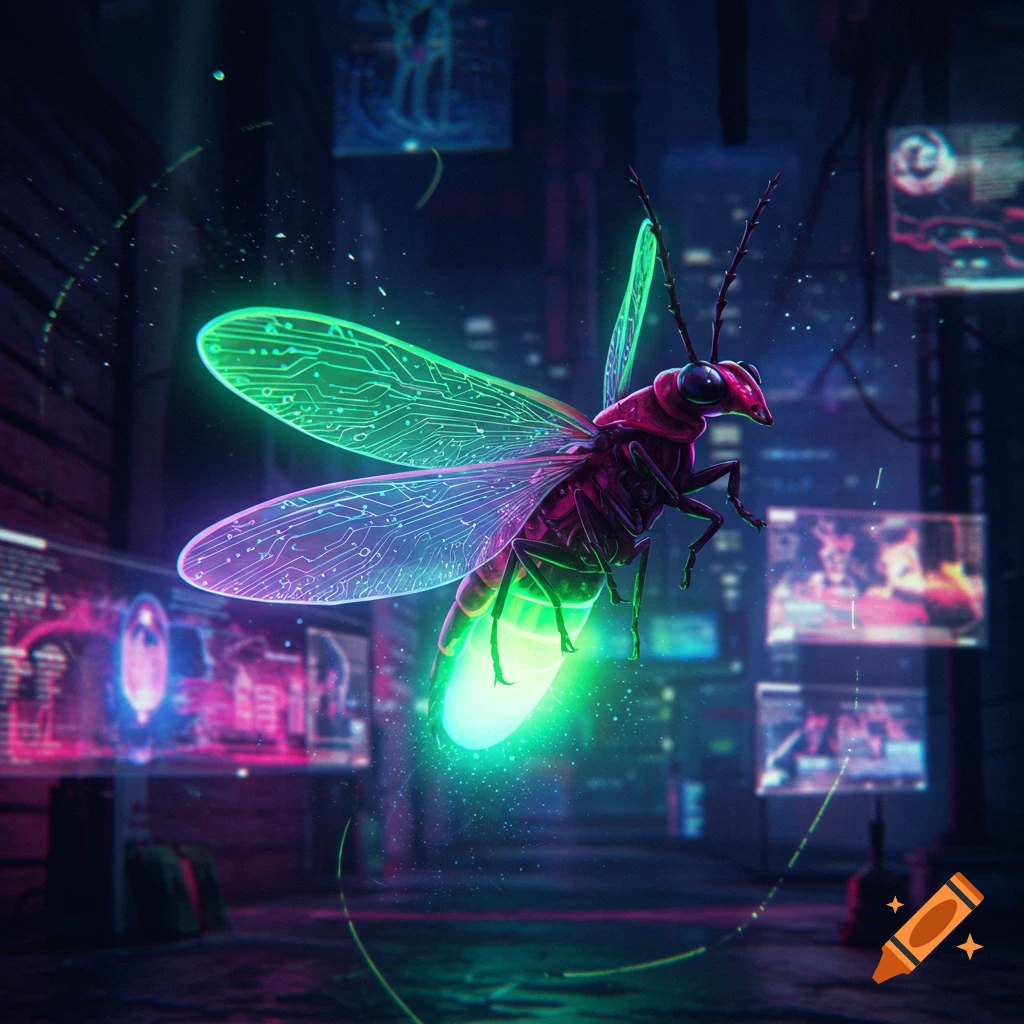 A glowing cyberpunk firefly with circuit board wings hovers in a dark, neon-lit futuristic city scene.