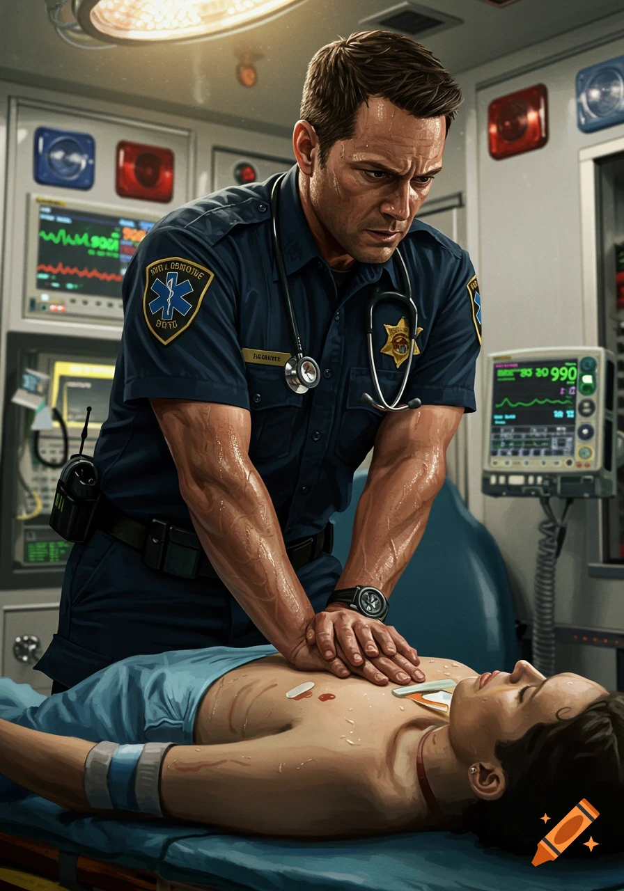 A male paramedic intensely performs CPR chest compressions on a patient inside an ambulance, surrounded by medical equipment.