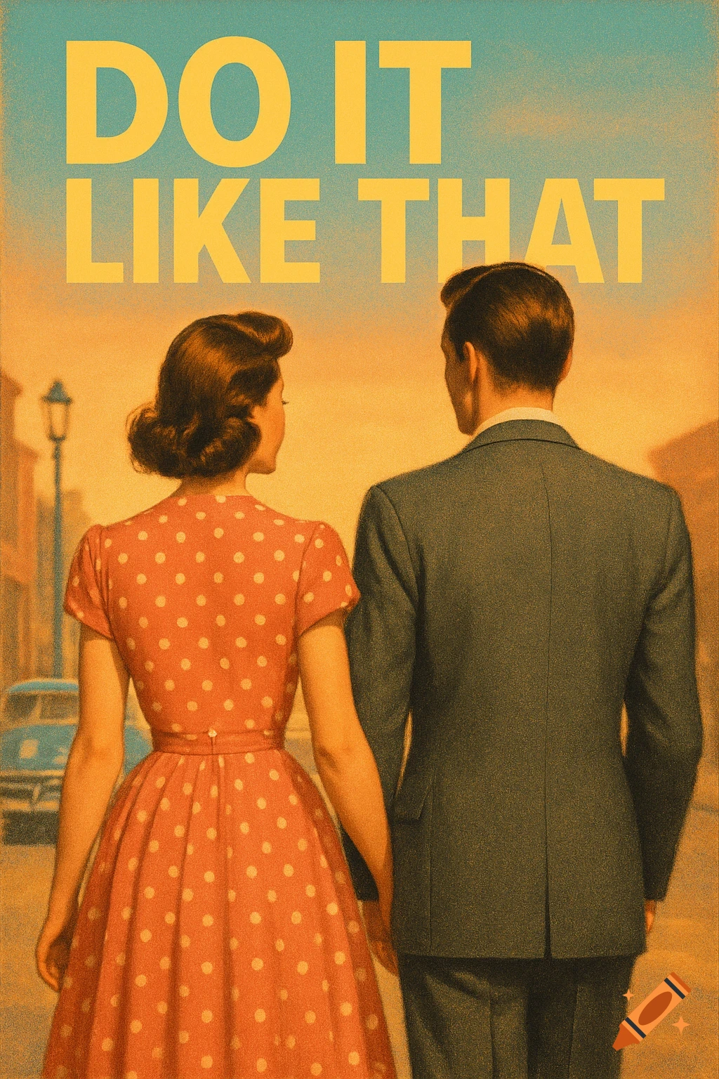 Retro illustration of a couple in 1950s clothing walking away, with 'DO IT LIKE THAT' text. Vintage poster style.