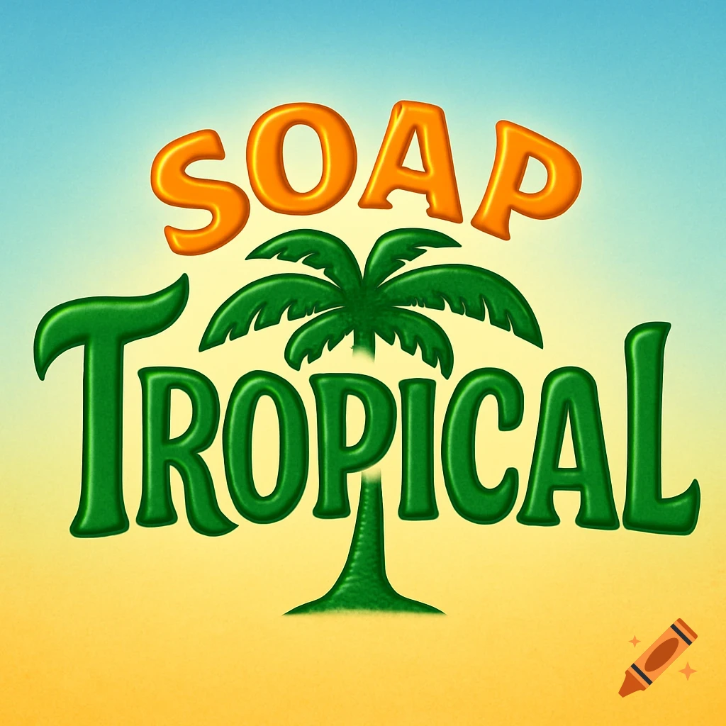 A vibrant logo for 'SOAP TROPICAL' with orange 'SOAP' and green 'TROPICAL', where the 'T' is a palm tree, set against a blue and yellow gradient background.