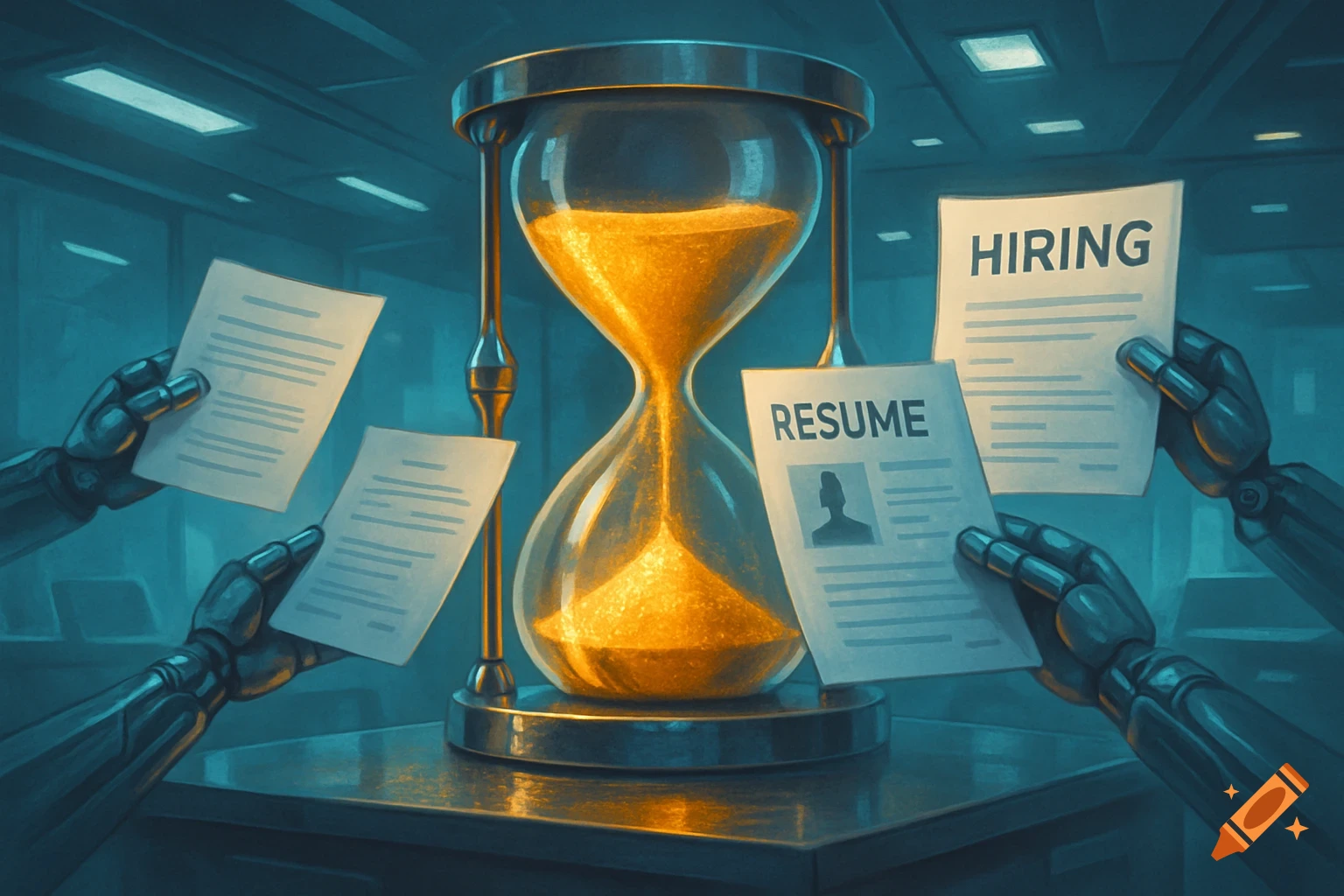 Robotic hands hold hiring and resume documents around a large hourglass in a futuristic, teal-lit office.