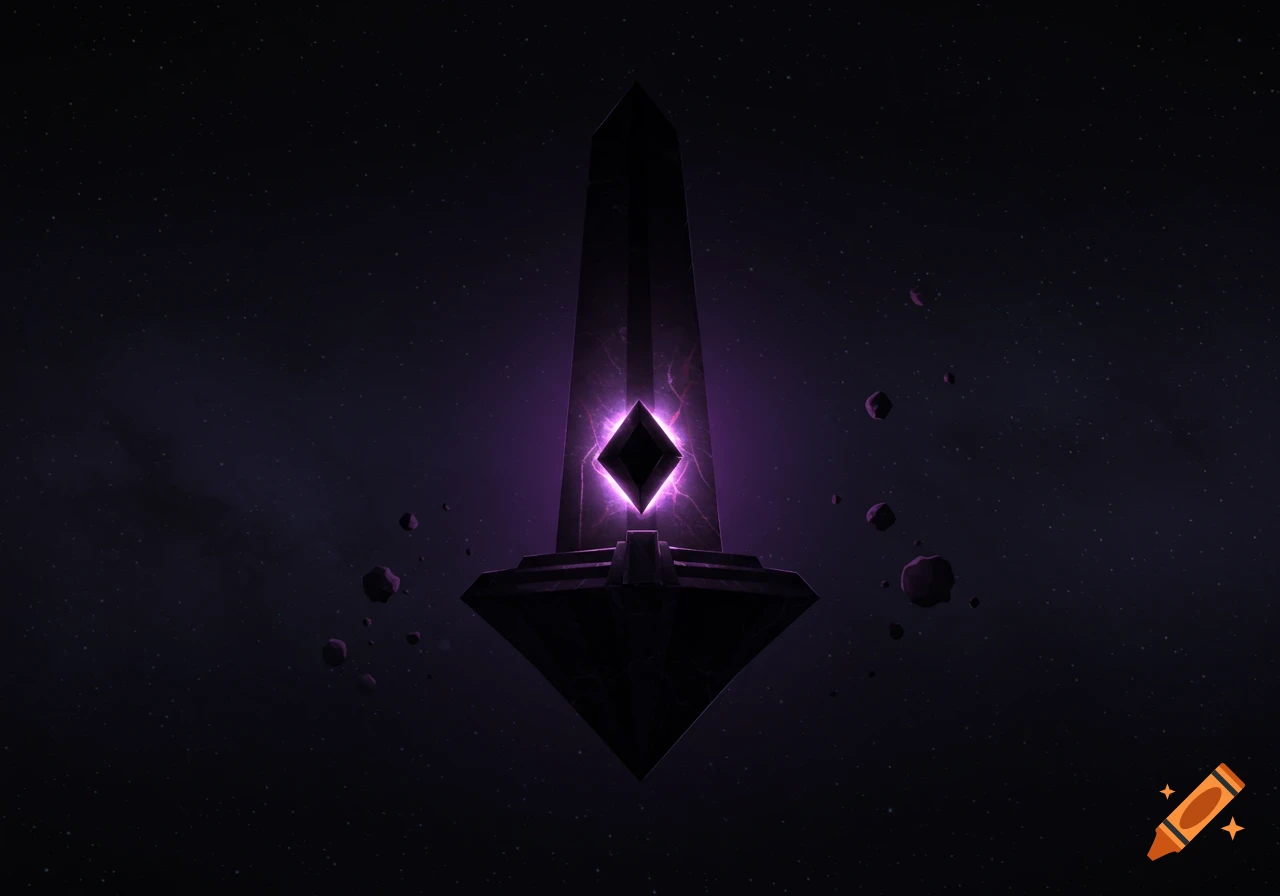 A dark stone obelisk with a glowing purple gem in the center, floating in a star-filled void with scattered asteroids.