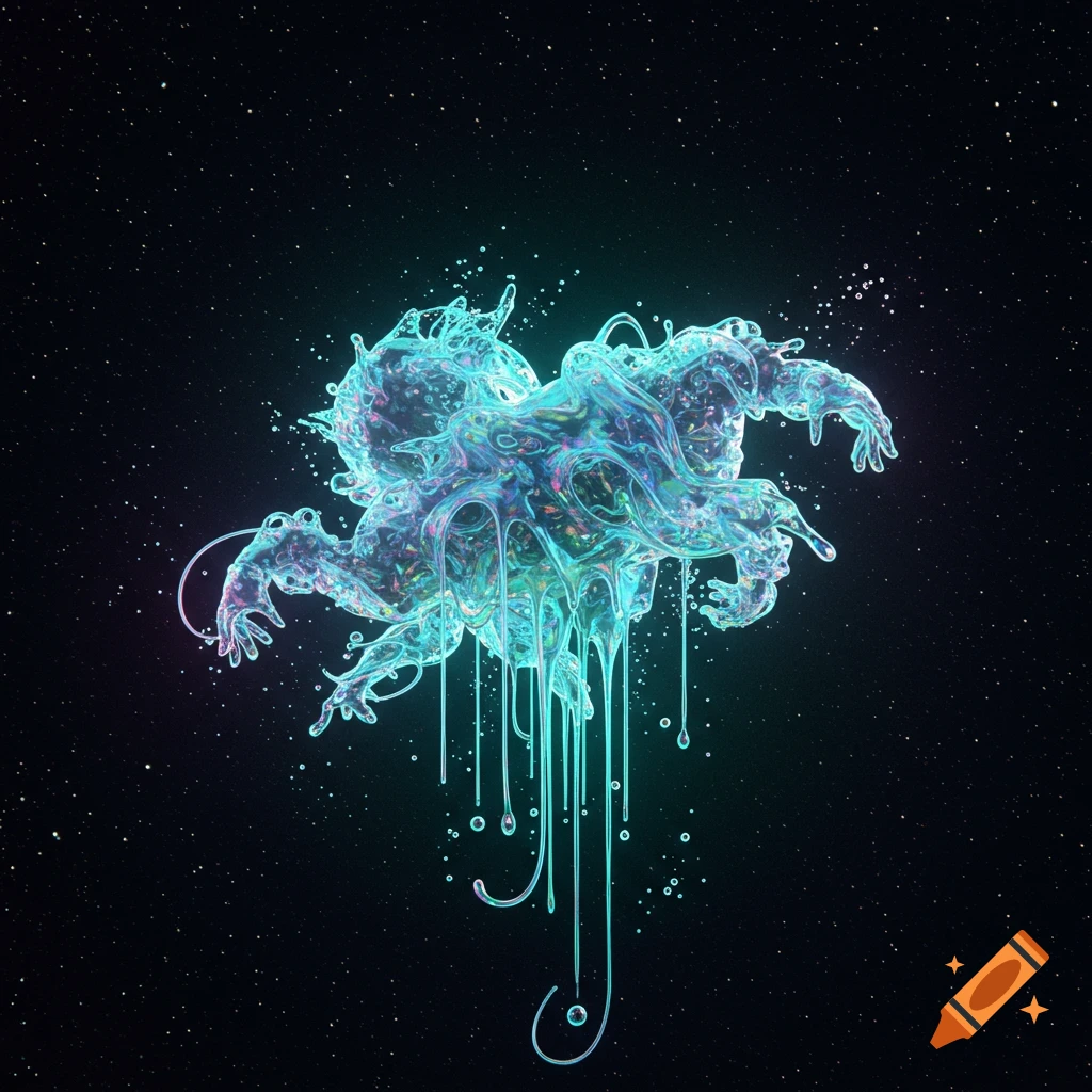 A glowing, iridescent, liquid-like organic form splashes and drips in a starry cosmic void.