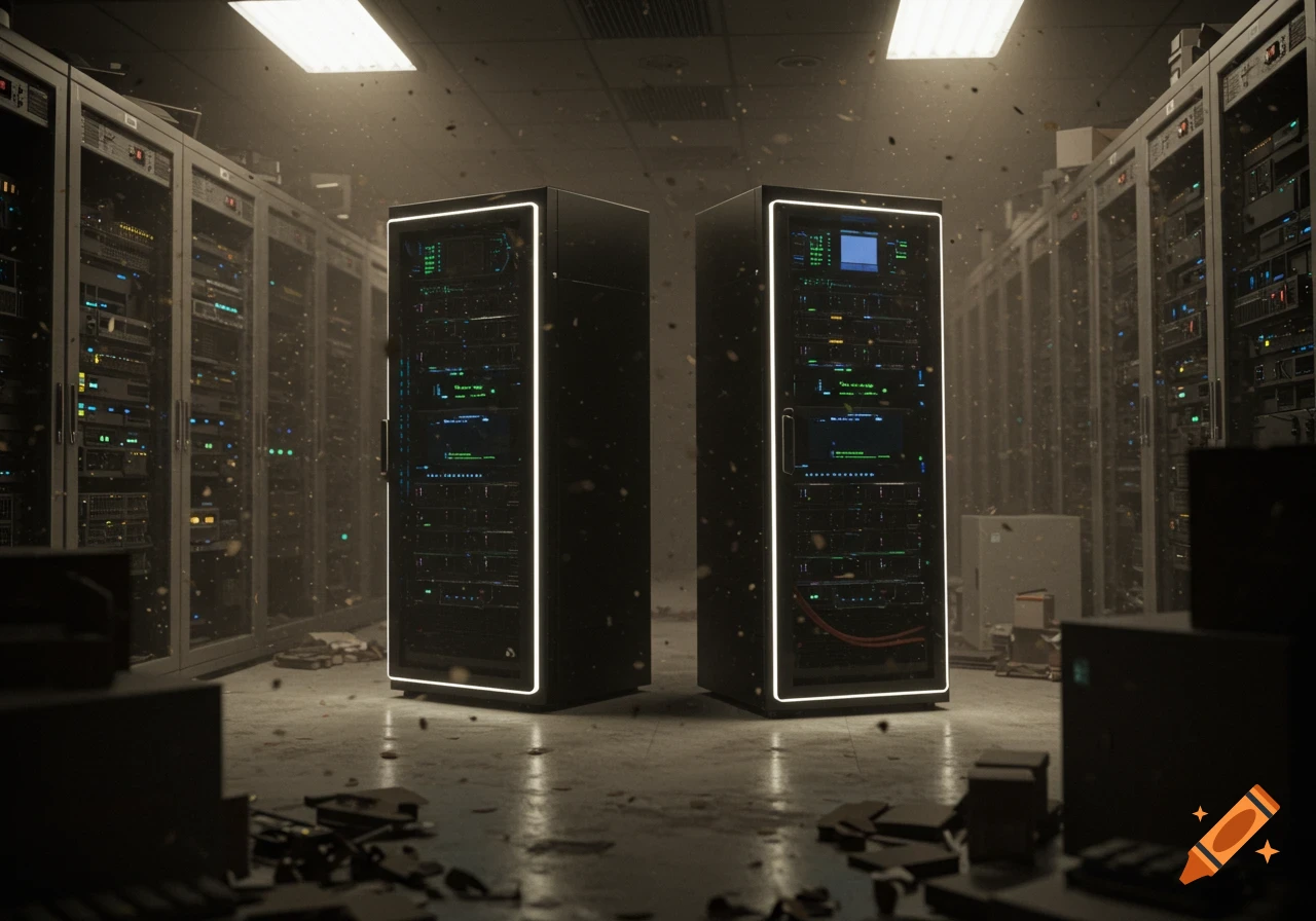 Two shiny, glowing servers stand prominently in a dusty, dimly lit data center, surrounded by older server racks.
