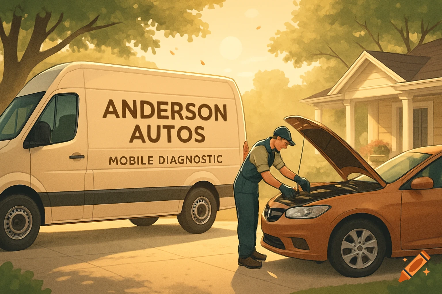 An illustrated scene of a mechanic in overalls fixing a car engine on a driveway, with an 'Anderson Autos Mobile Diagnostic' van parked nearby.