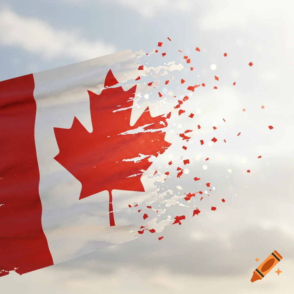 Photorealistic Canadian flag dissolving into red and white pieces against a cloudy sky.