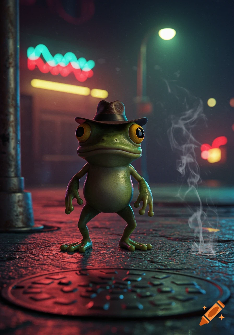 A cute frog wearing a fedora stands on a wet, neon-lit city street at night, with steam rising beside it.