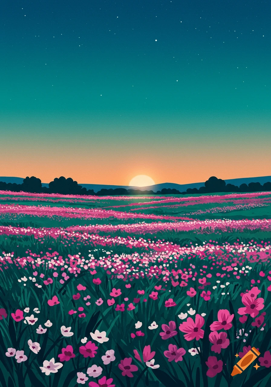 Vibrant illustration of a field of pink and white flowers at sunset, with distant hills and a teal starry sky.