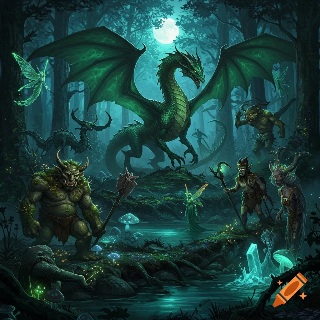 A large green dragon, goblins, trolls, and glowing fairies gather in a dark, mystical moonlit forest. Fantasy art.