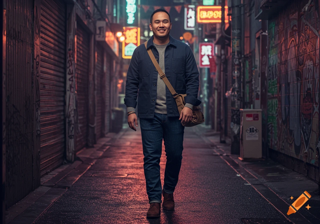 A smiling man in a navy jacket and jeans walks down a neon-lit city alley at night.