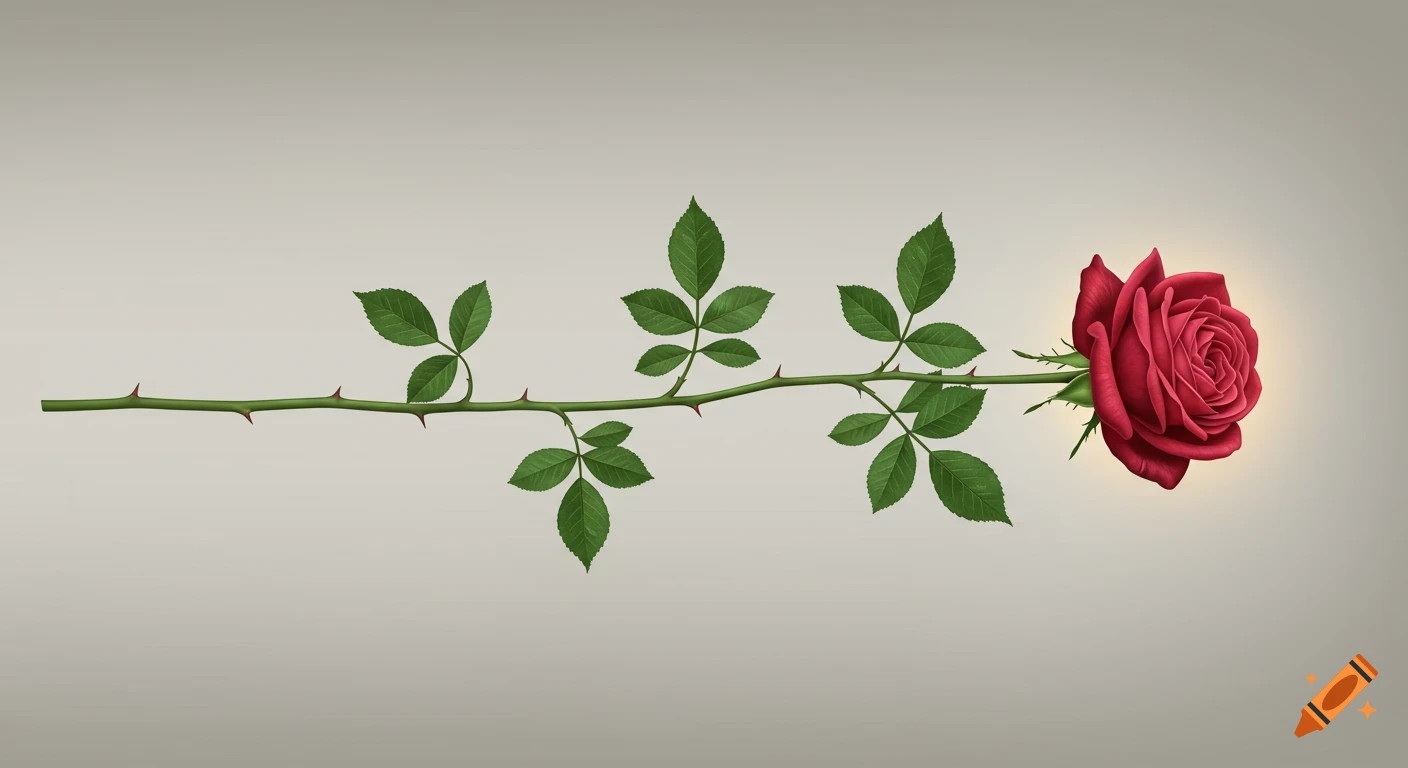 A vibrant red rose on a green thorny stem with leaves, horizontally centered against a plain light gray background.
