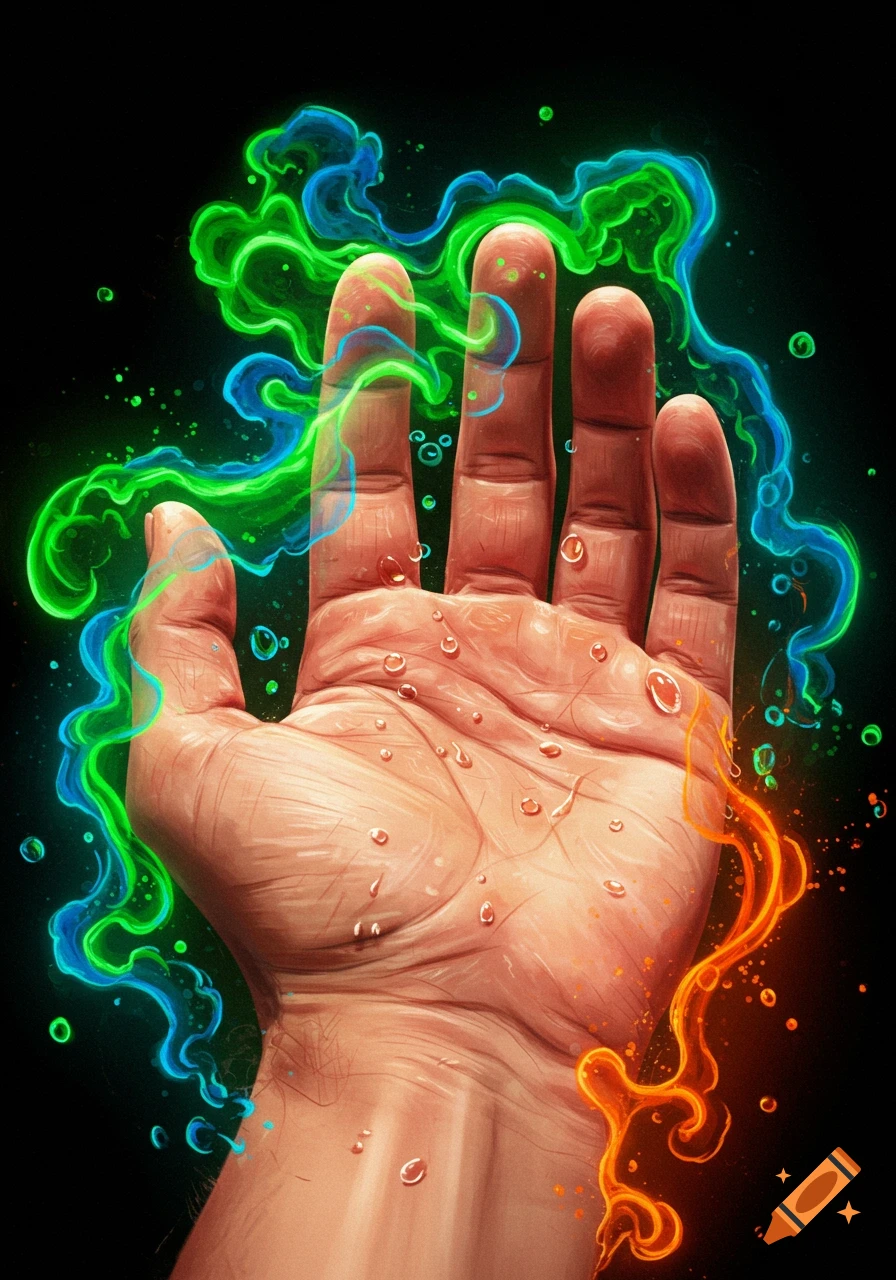 An open hand covered in water droplets with glowing green, blue, and orange smoke rising against a black background.