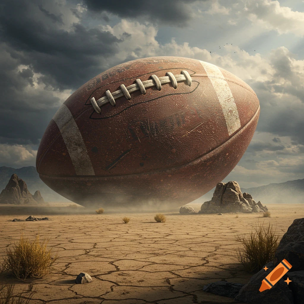 A massive, weathered American football rests on cracked desert ground under a dramatic cloudy sky, with rocky formations and distant mountains.