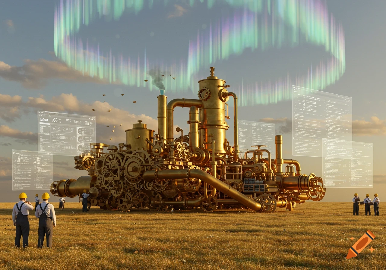 A large, intricate brass steampunk machine in a field under an aurora borealis, with engineers and holographic data screens.