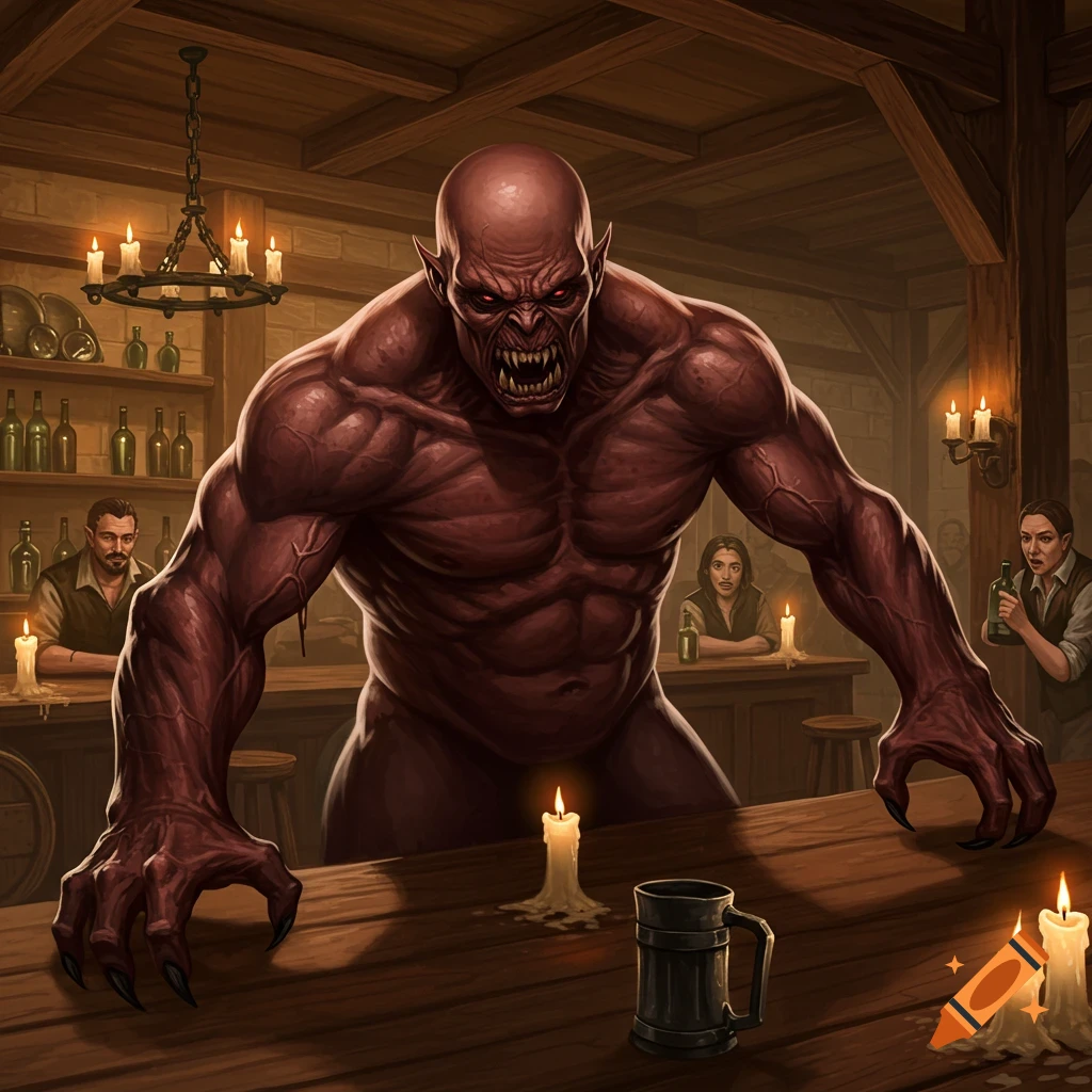A massive, muscular red demon with glowing red eyes and sharp claws leans on a wooden bar in a dimly lit tavern, frightening patrons.