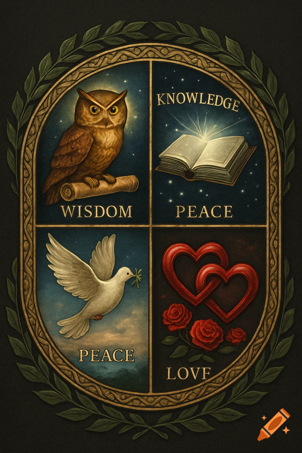 Stylized four-section oval emblem with an owl, book, dove, and hearts, labeled Wisdom, Knowledge, Peace, and Love, bordered by leaves.
