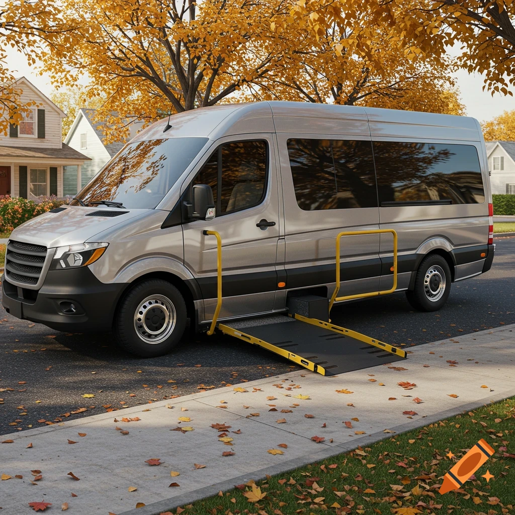 A photorealistic image of a silver van with a deployed wheelchair ramp parked on a residential street during autumn.