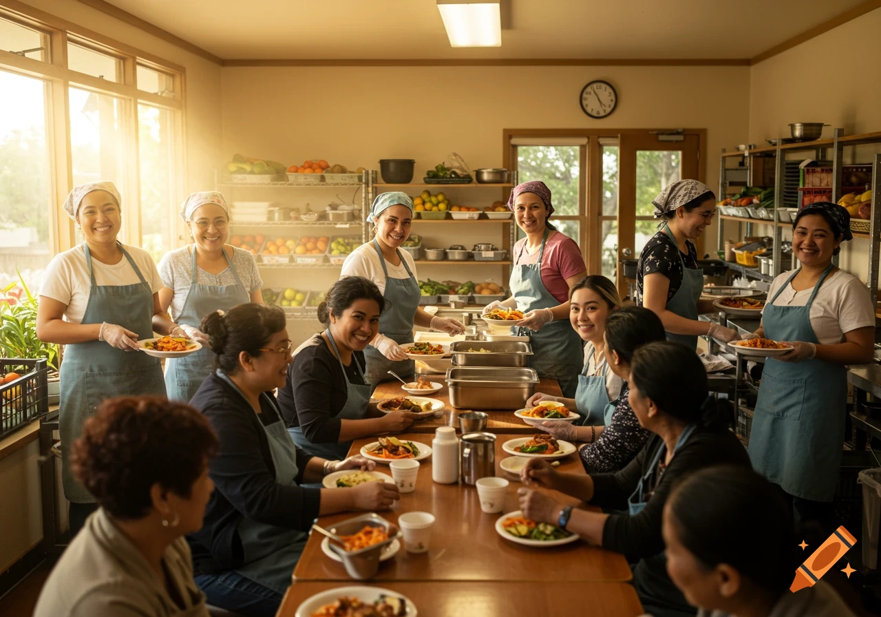 Smiling women in aprons serve and eat a meal at a long table in a bright room with shelves of fresh produce.