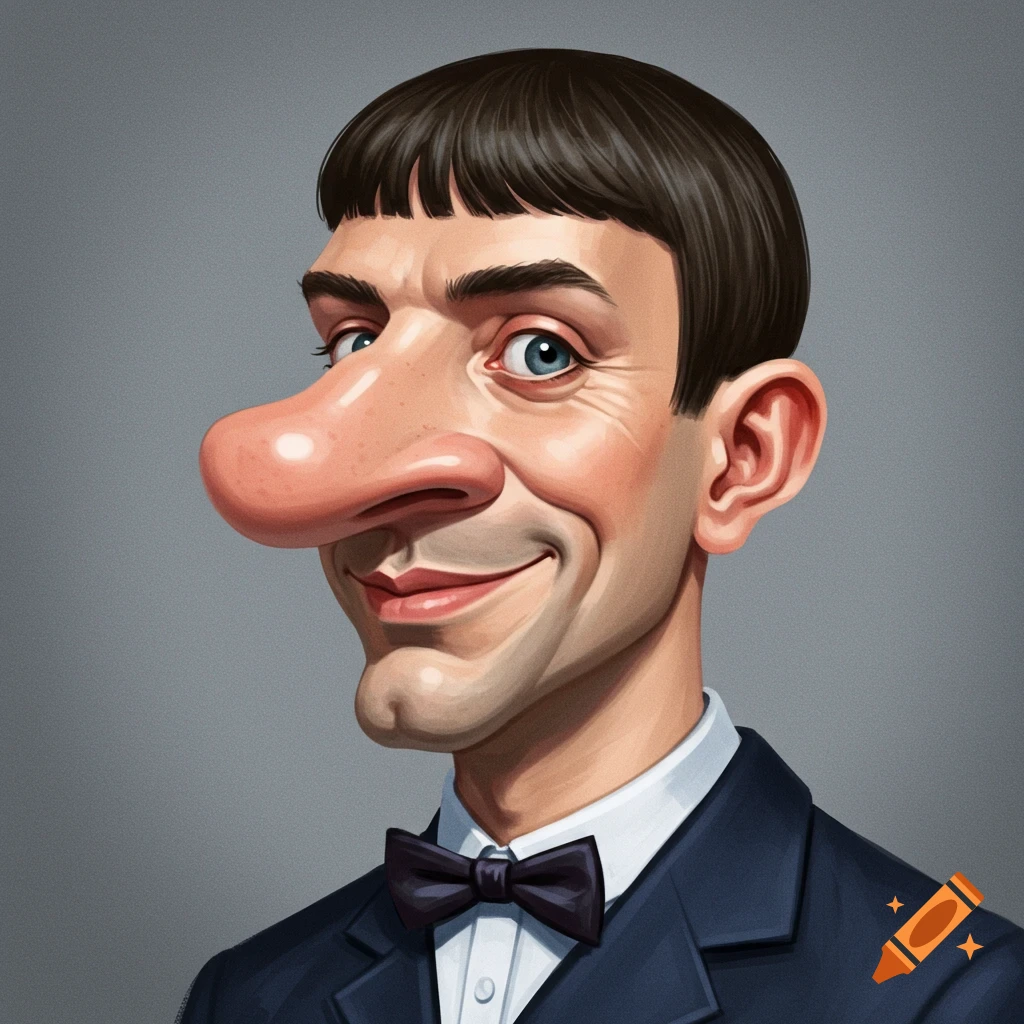 A smiling caricature of a man with an unrealistically huge nose, straight bangs, short hair, wearing a suit and bow tie.