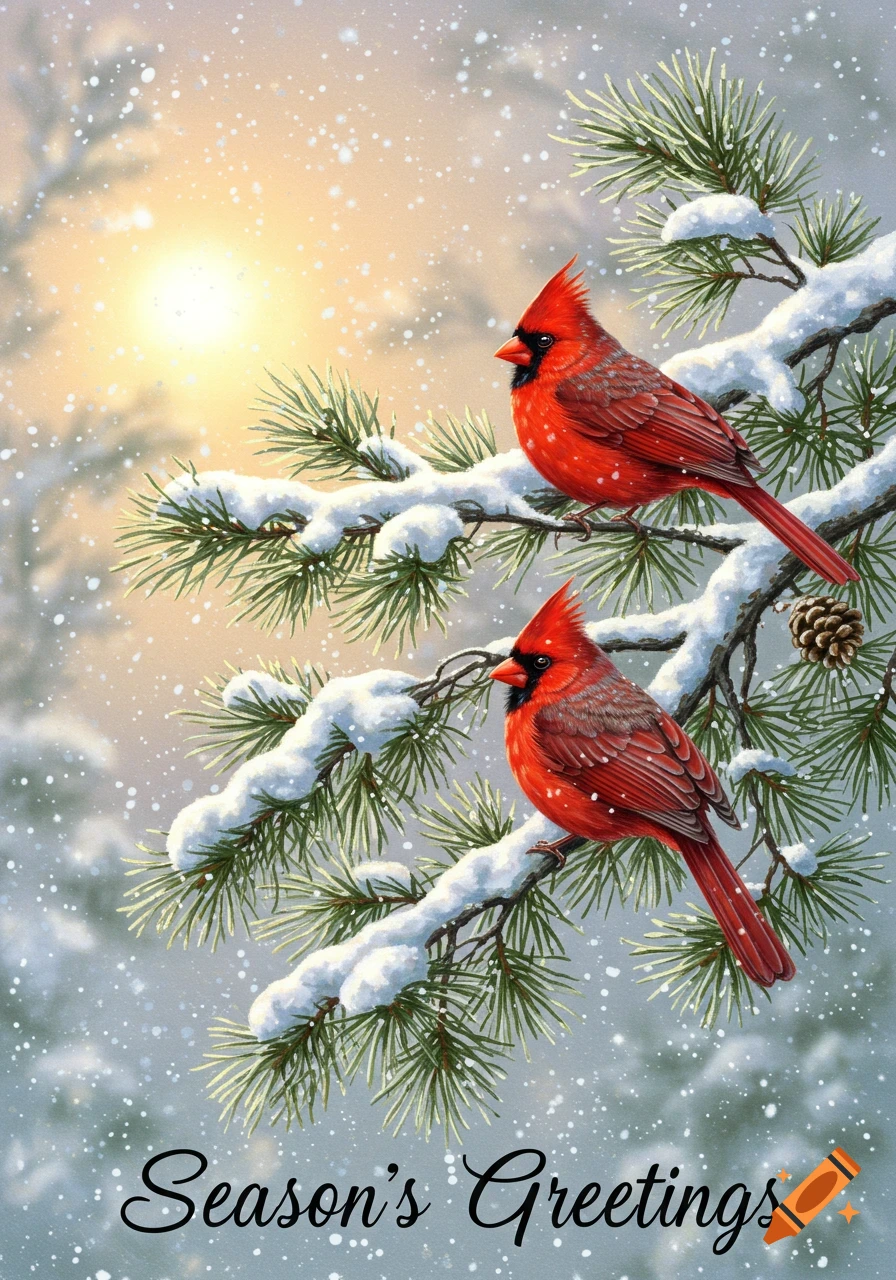 Two red cardinals on snowy pine branches under a winter sky, with 'Season's Greetings' text, in a holiday card illustration style.