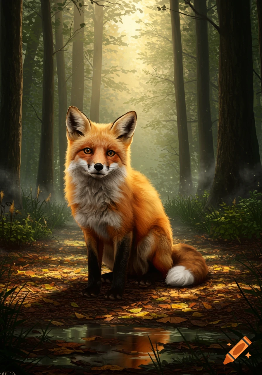 A red fox with a white chest sits on a leafy path in a sunlit forest, looking directly at the viewer. Digital painting.