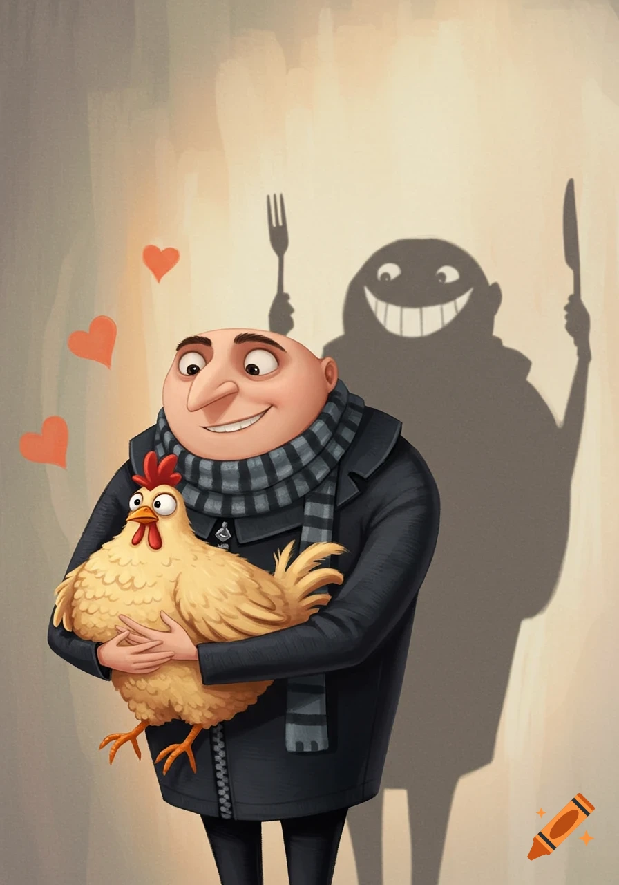 Cartoon illustration of Gru holding a chicken affectionately, with his shadow holding a fork and knife with a mischievous smile.