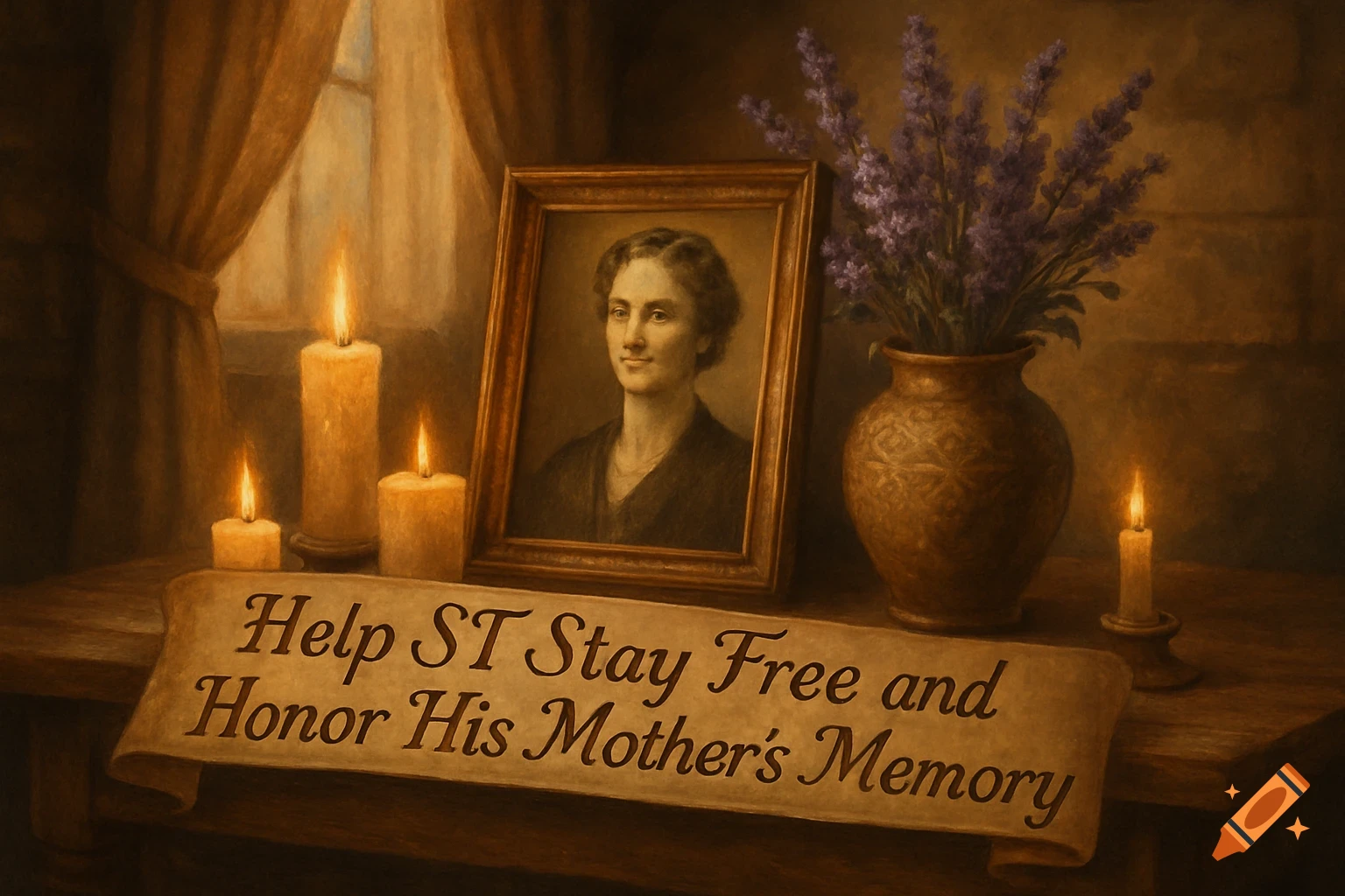 A dimly lit, painterly memorial scene with candles, a portrait of a woman, a vase of lavender, and a banner reading 'Help ST Stay Free and Honor His Mother's Memory'.
