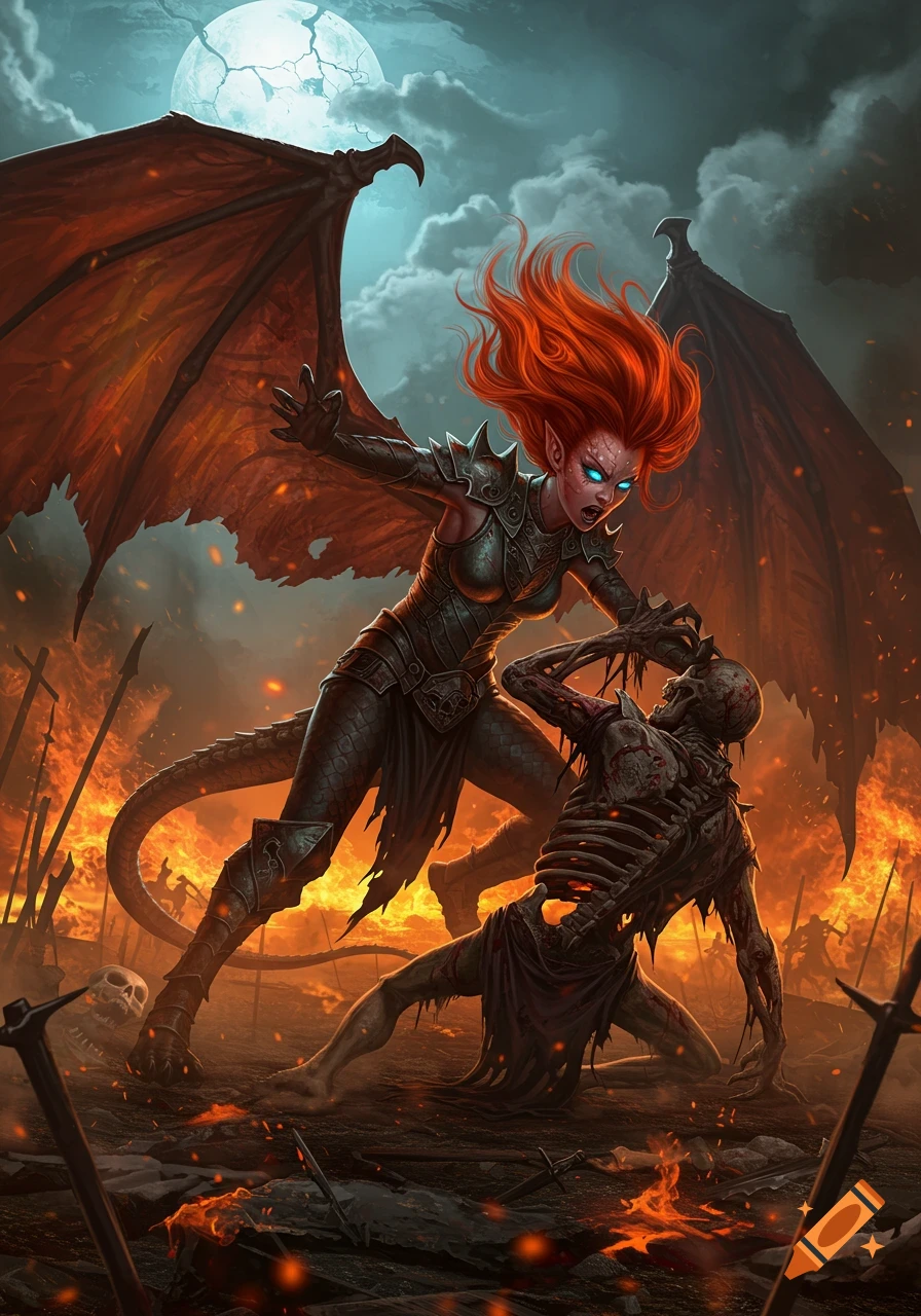 A red-haired dragon girl with glowing blue eyes grapples an undead skeleton on a fiery battlefield under a full moon in detailed fantasy art.