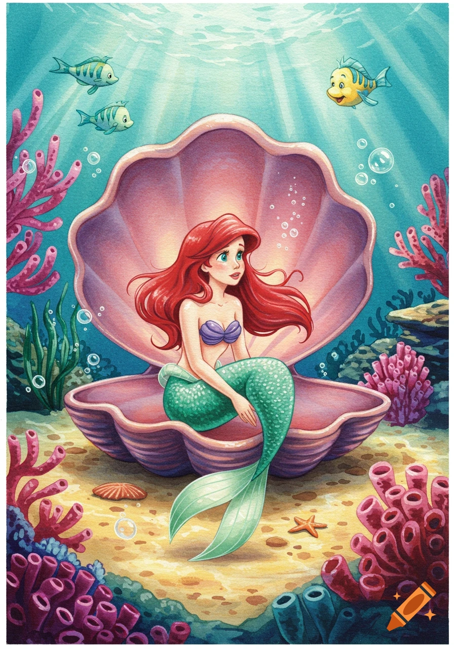 Ariel the Little Mermaid sits in a pink clamshell underwater, surrounded by colorful coral and fish, in a vibrant watercolor illustration style.