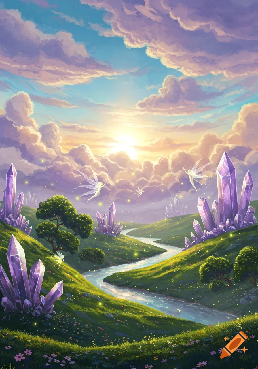 Vibrant fantasy landscape with purple crystals on green hills, a winding river, and fairies under a colorful sunset sky.