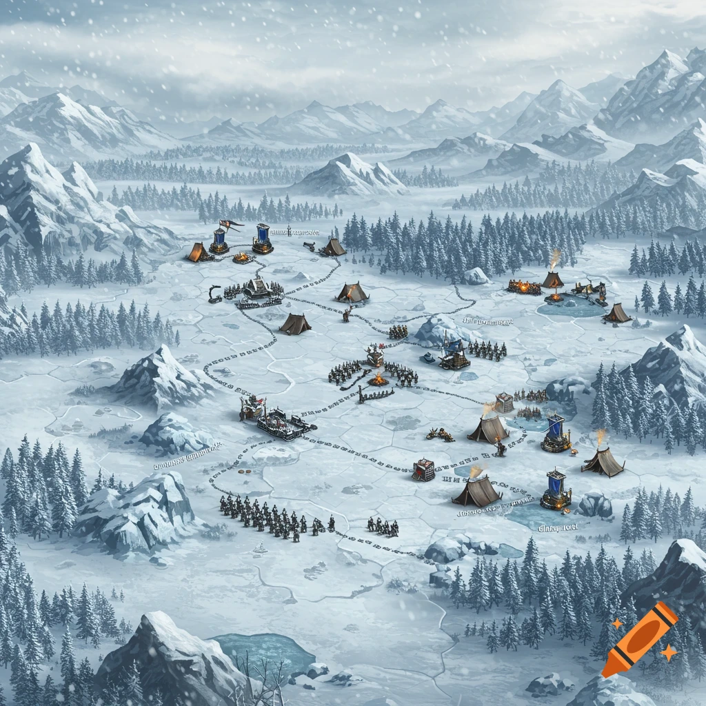 An isometric battle map depicting a snowy mountain landscape with military camps, marching troops, and supply lines, rendered in a detailed game art style.